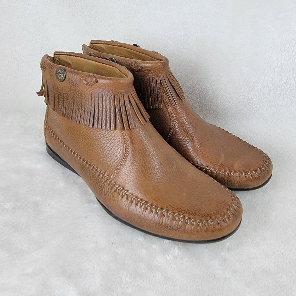 Fairmount Tan Leather Tassels Studs Zipper Back Ankle Bootie Size 9M Brazil Made